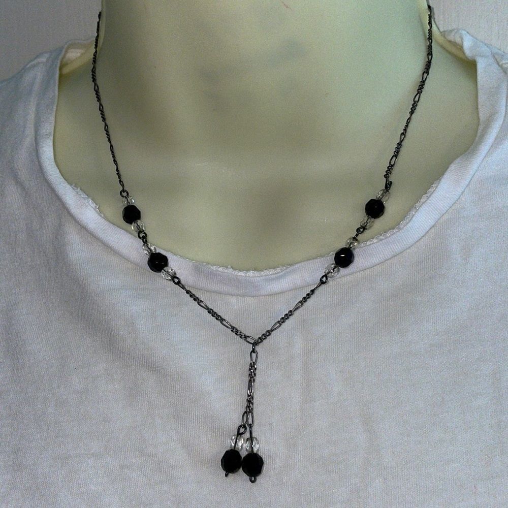 Silver necklace with clear & black beads‎